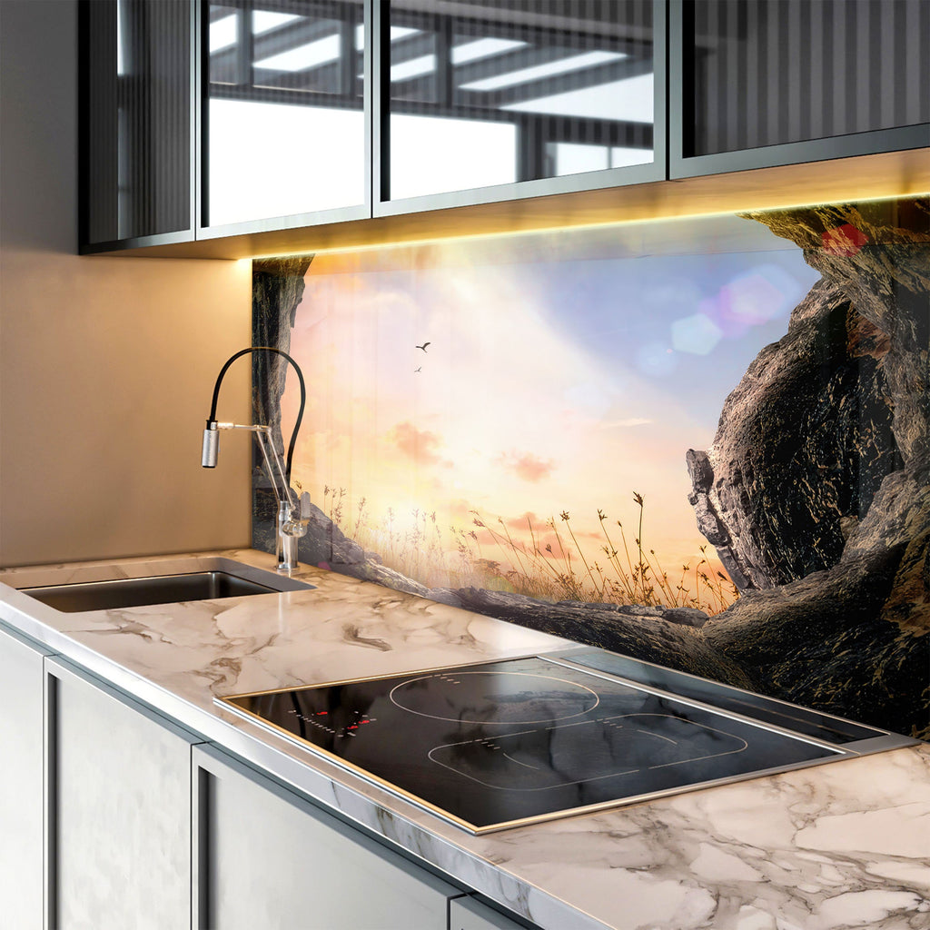 Golden Sunset View - Glass Kitchen Backsplash-BacksplashArtworks
