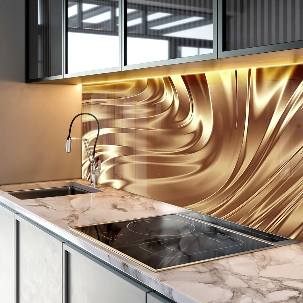 Teal & Coral Marble with Gold Accents - Glass Kitchen Backsplash-BacksplashArtworks