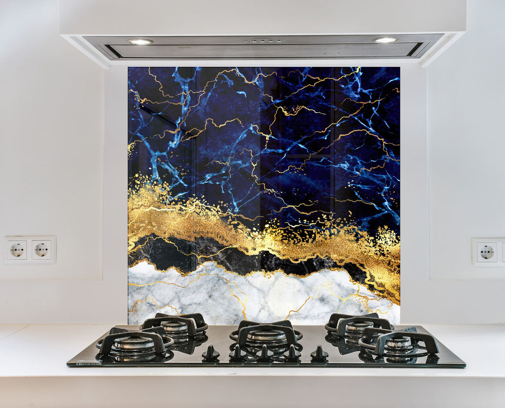 Midnight Blue & Gold Marble - Glass Kitchen Backsplash-BacksplashArtworks