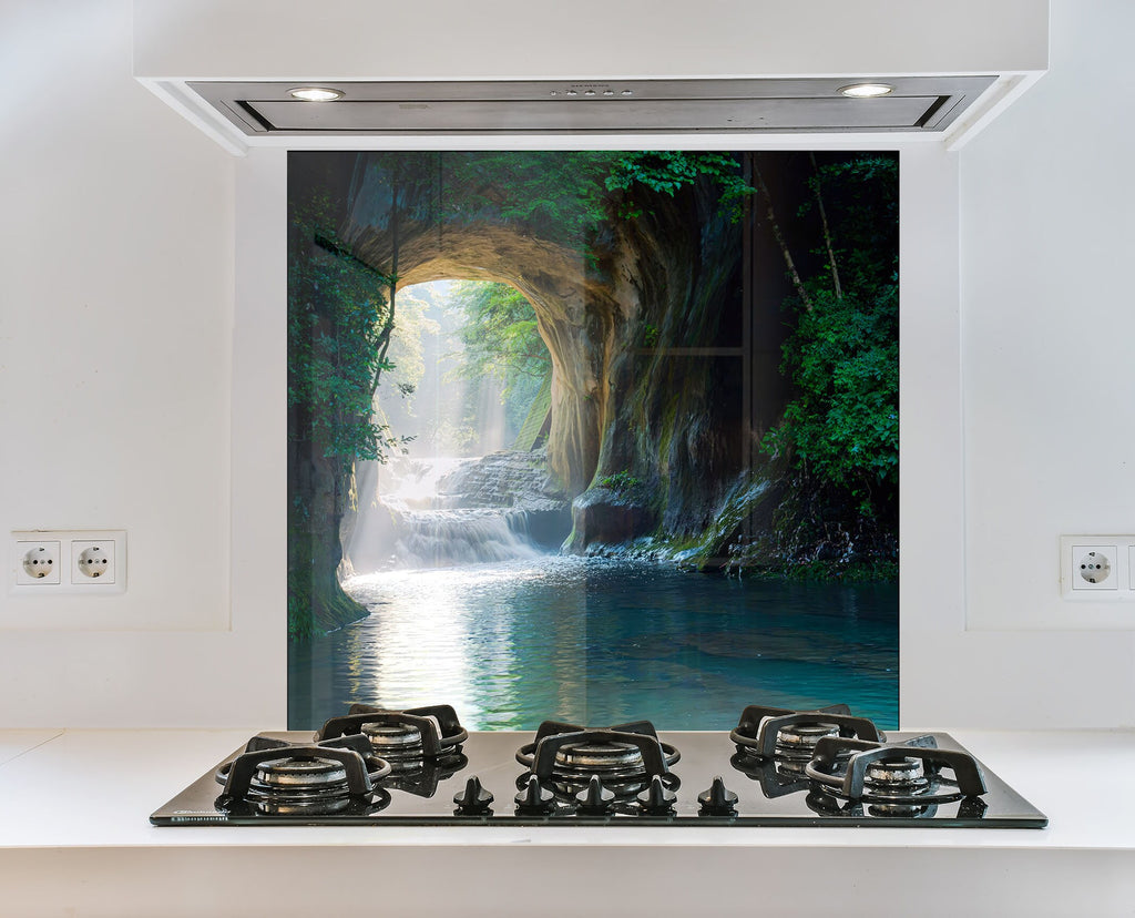 Mystical Forest Waterfall Wall Art - Tempered Glass Kitchen Backsplash-BacksplashArtworks