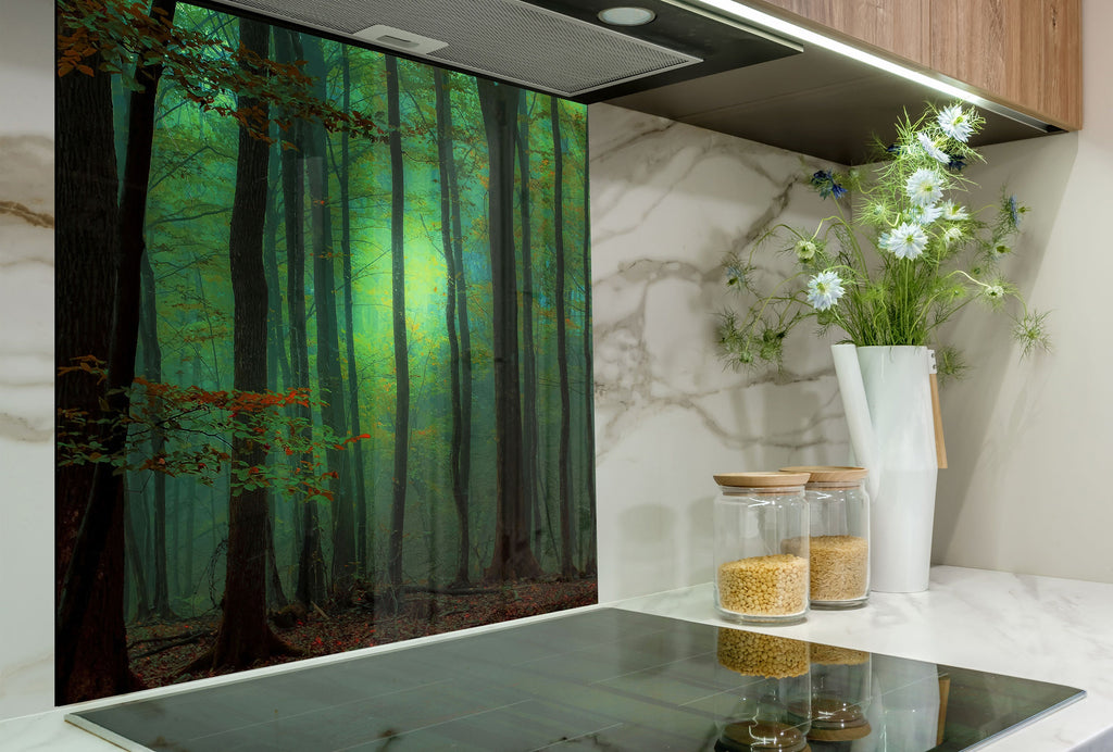 Mystic Forest Glow - Glass Kitchen Backsplash-BacksplashArtworks