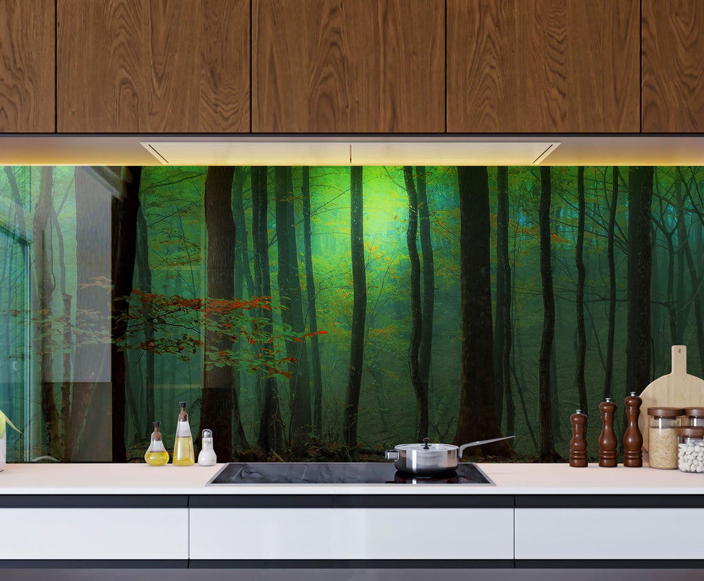 Mystic Forest Glow - Glass Kitchen Backsplash-BacksplashArtworks