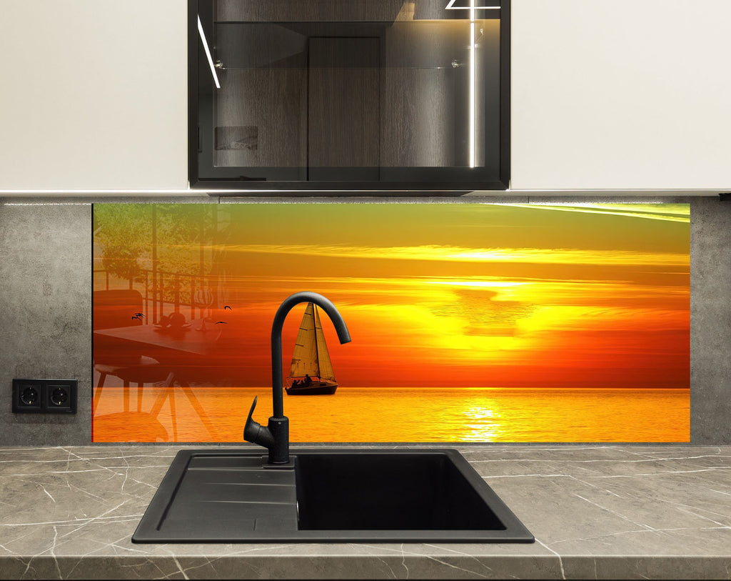 Golden Sunset Sailboat - Glass Kitchen Backsplash-BacksplashArtworks