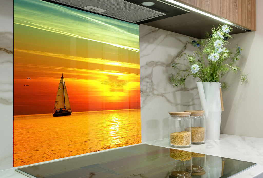 Golden Sunset Sailboat - Glass Kitchen Backsplash-BacksplashArtworks