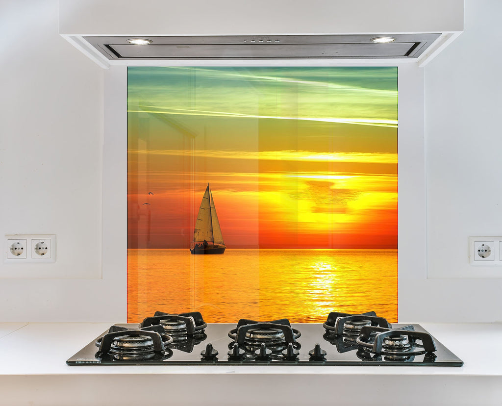 Golden Sunset Sailboat - Glass Kitchen Backsplash-BacksplashArtworks