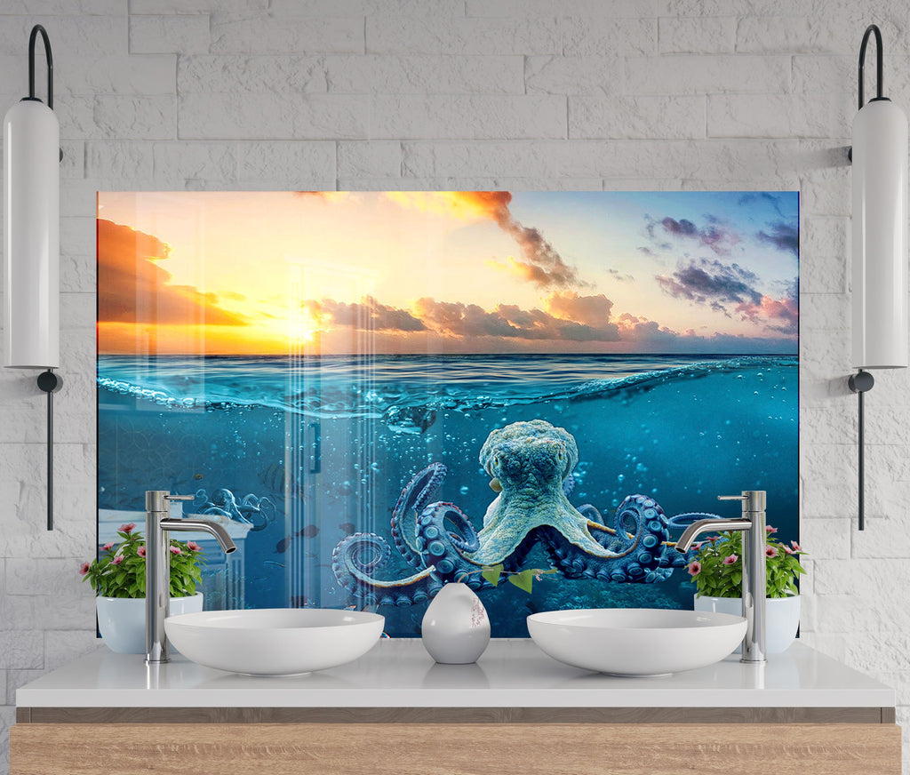 Ocean Sunset Octopus – Glass Kitchen Backsplash-BacksplashArtworks