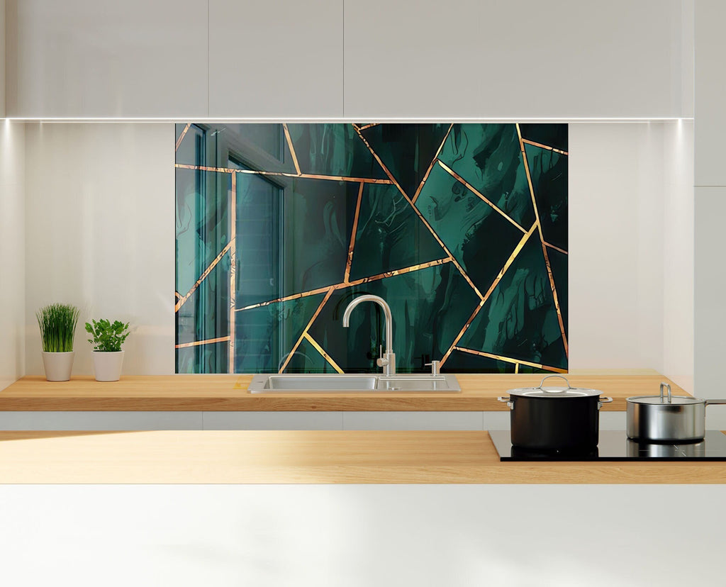 Emerald & Gold Geometric - Glass Kitchen Backsplash-BacksplashArtworks