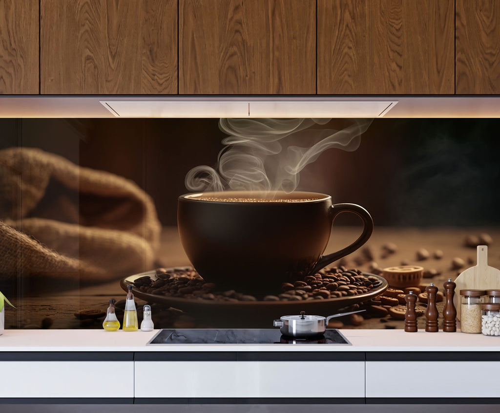 Steaming Coffee Cup – Glass Kitchen Backsplash-BacksplashArtworks