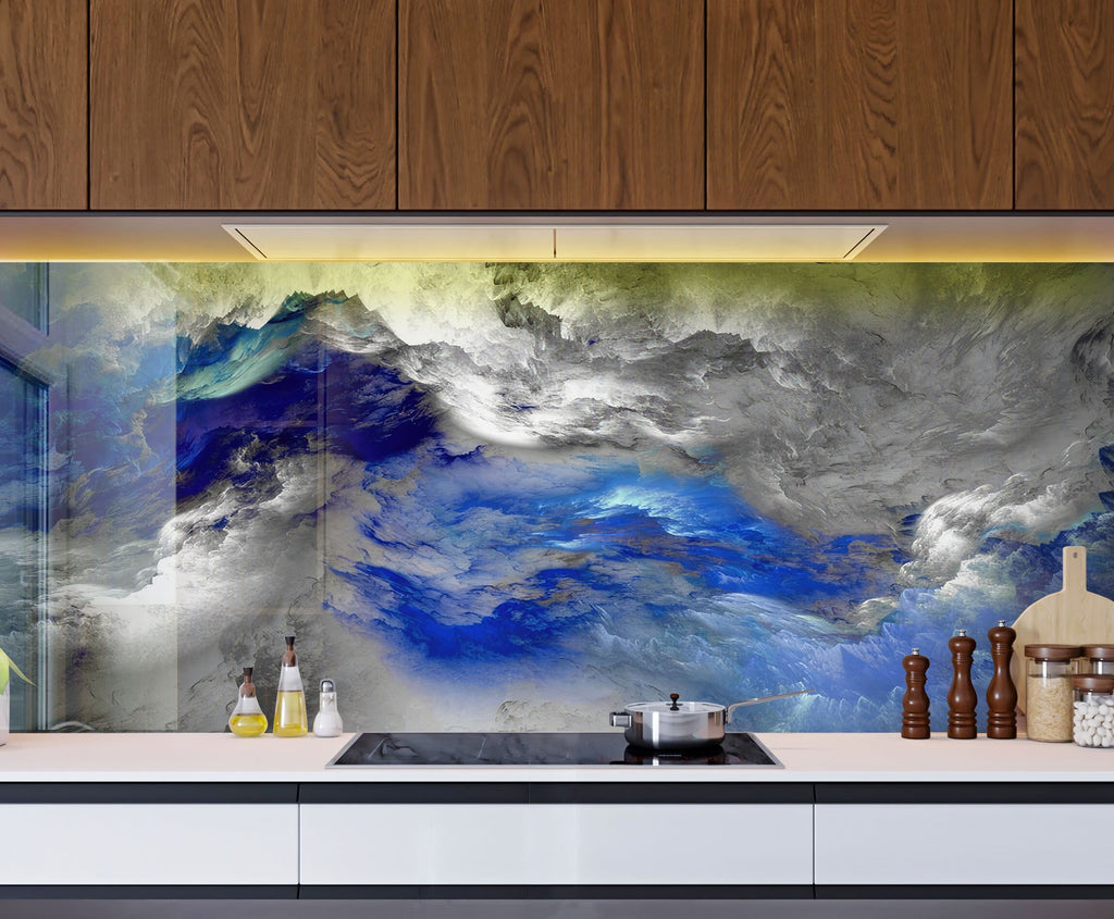 Blue & Gray Marble Swirl - Glass Kitchen Backsplash-BacksplashArtworks