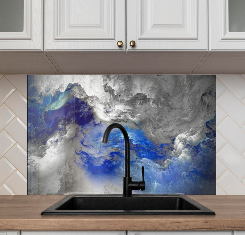 Blue & Gray Marble Swirl - Glass Kitchen Backsplash-BacksplashArtworks