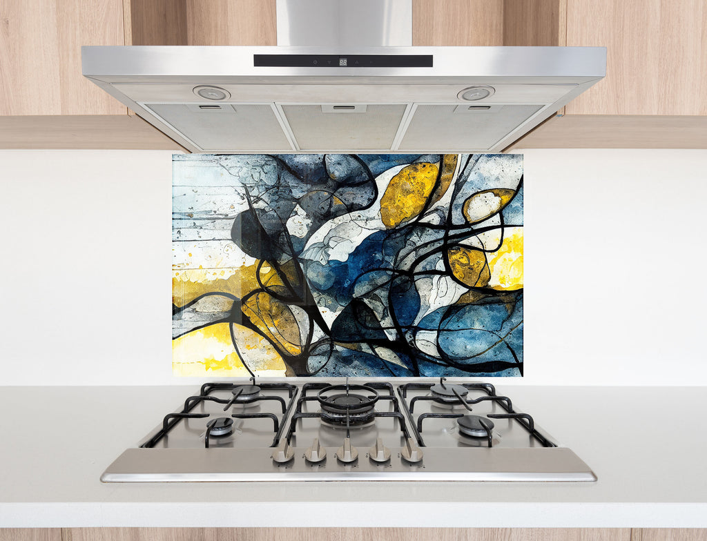 Modern Abstract Blue & Gold - Glass Kitchen Backsplash-BacksplashArtworks