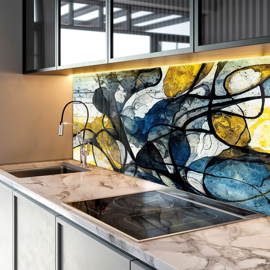 Modern Abstract Blue & Gold - Glass Kitchen Backsplash-BacksplashArtworks