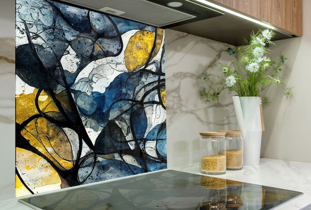 Modern Abstract Blue & Gold - Glass Kitchen Backsplash-BacksplashArtworks