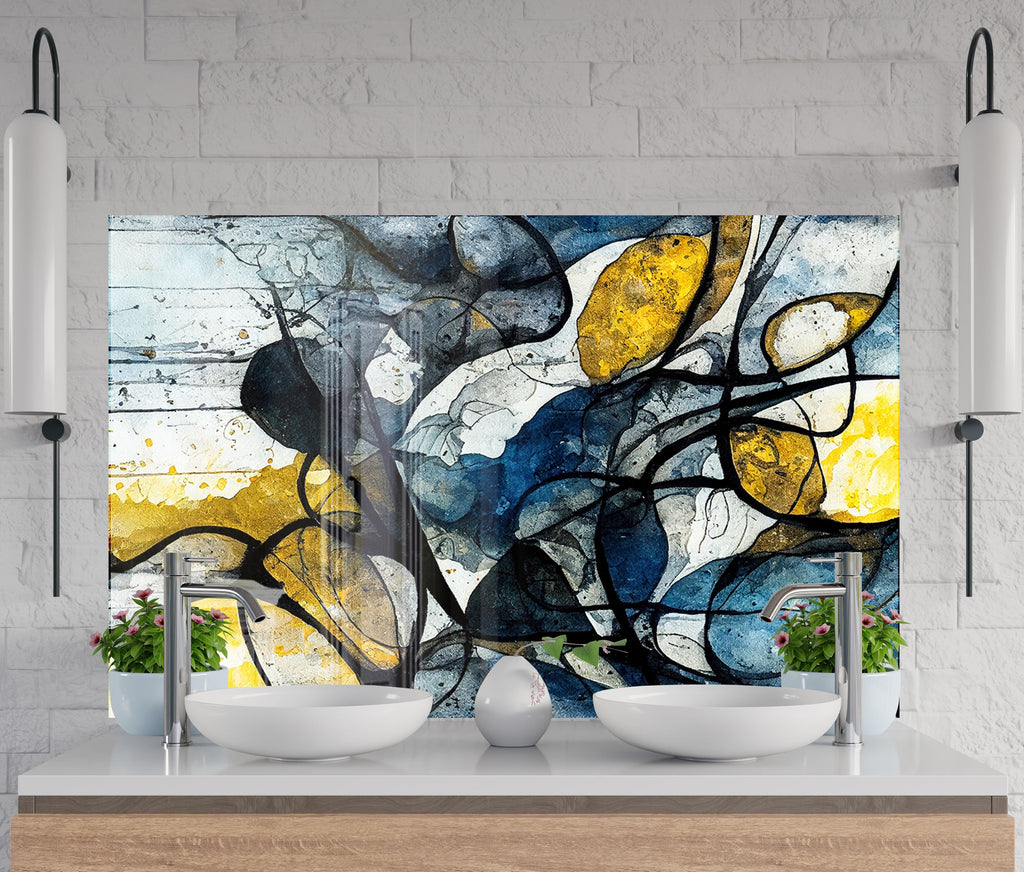 Modern Abstract Blue & Gold - Glass Kitchen Backsplash-BacksplashArtworks