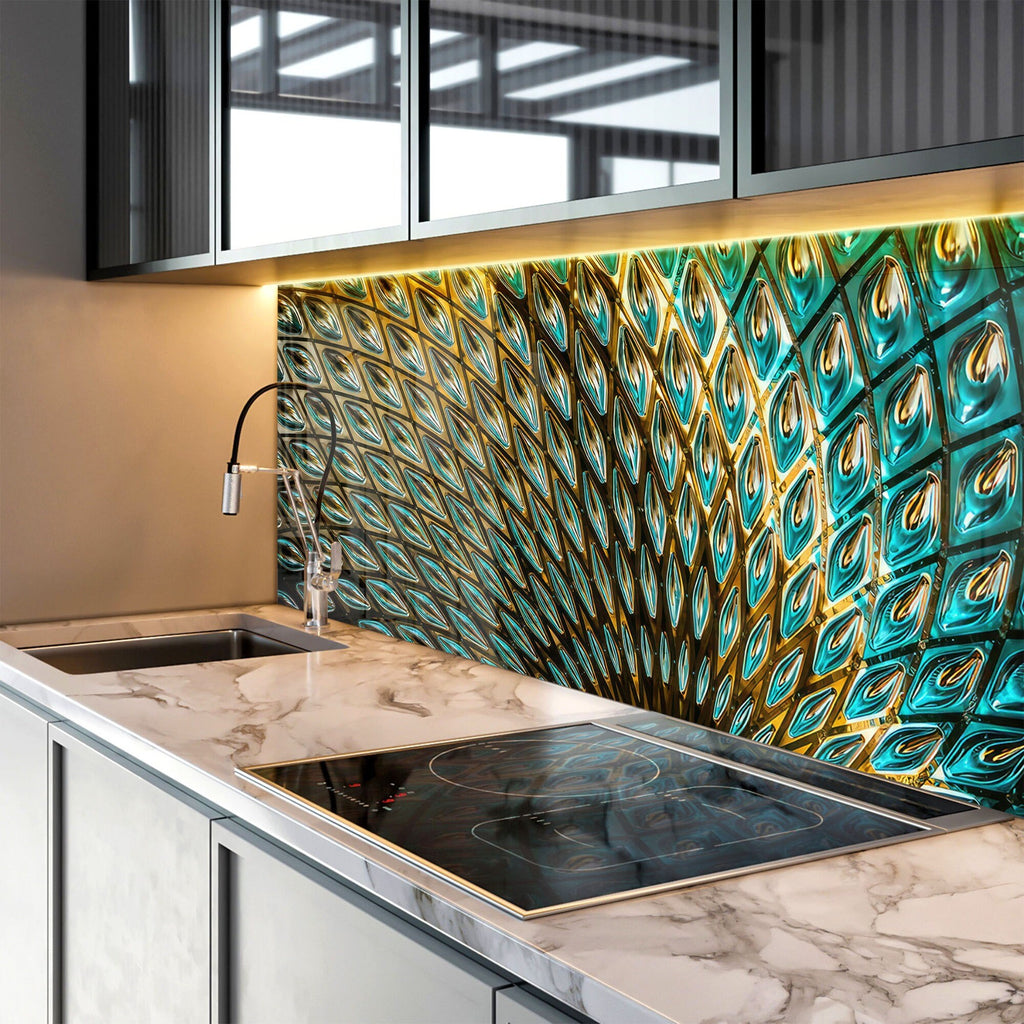 Peacock Feather Elegance - Glass Kitchen Backsplash-BacksplashArtworks