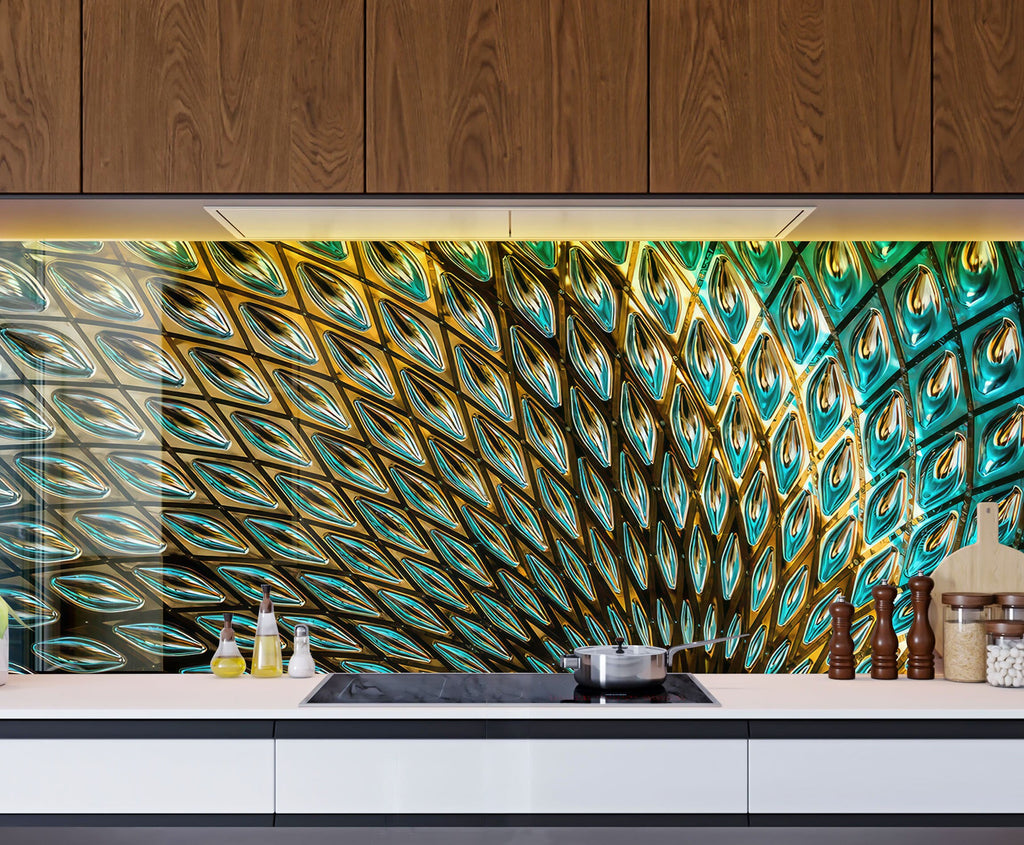 Peacock Feather Elegance - Glass Kitchen Backsplash-BacksplashArtworks