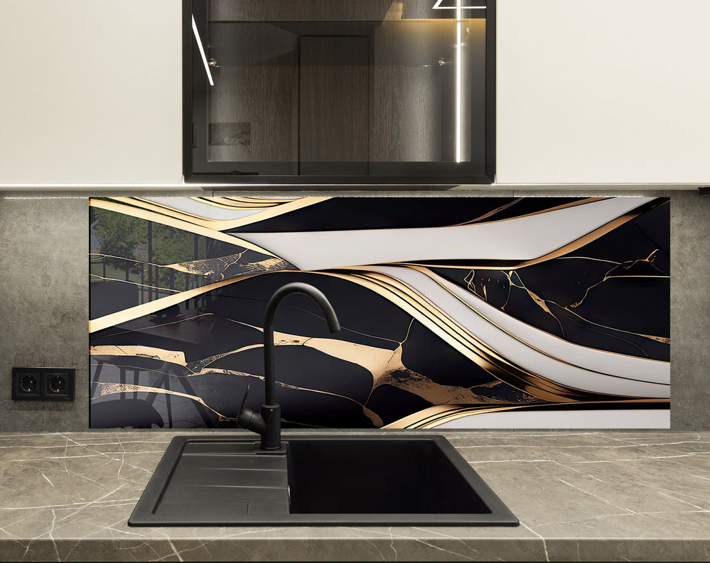 Black & Gold Marble Flow - Glass Kitchen Backsplash-BacksplashArtworks