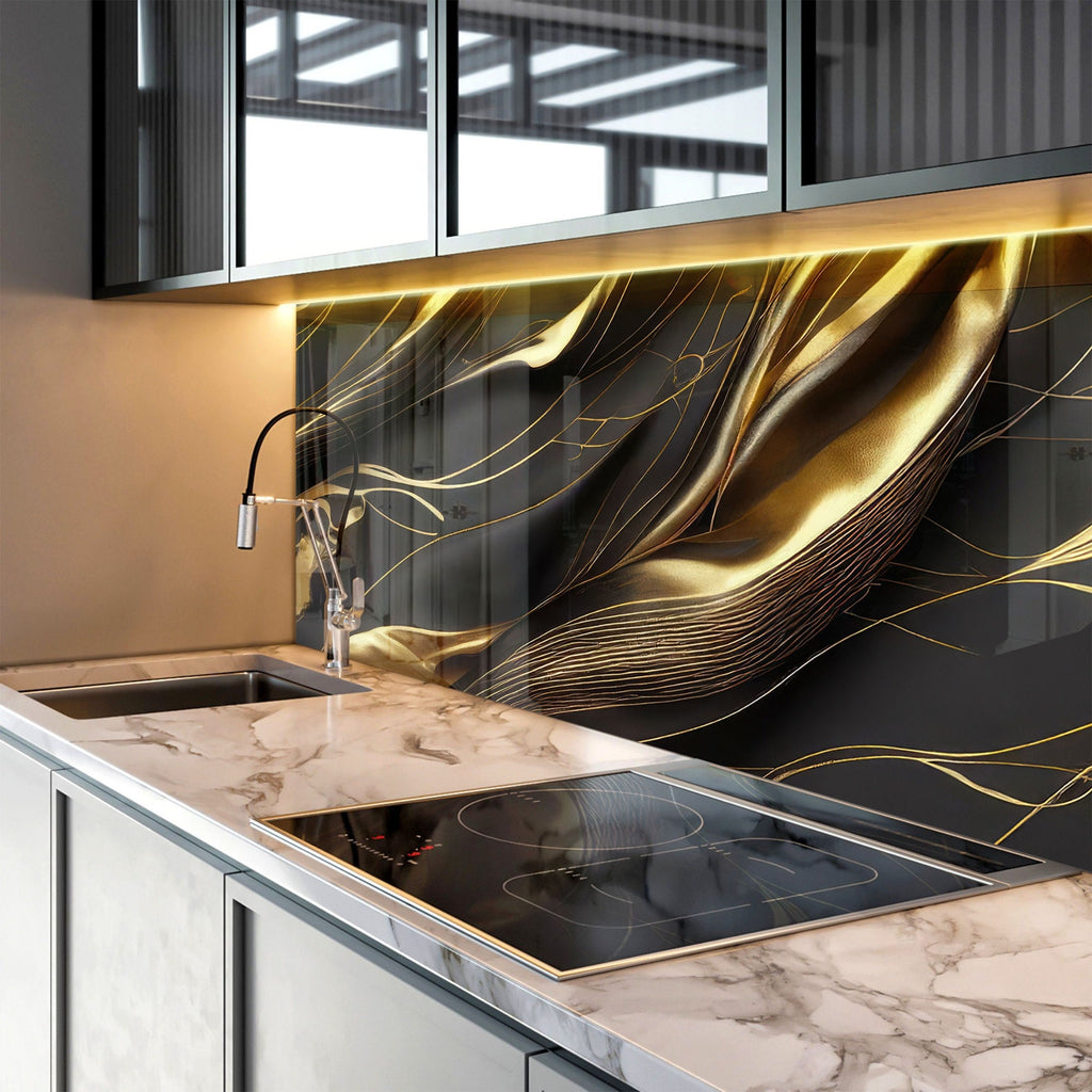 Golden Silk Flow - Glass Kitchen Backsplash-BacksplashArtworks