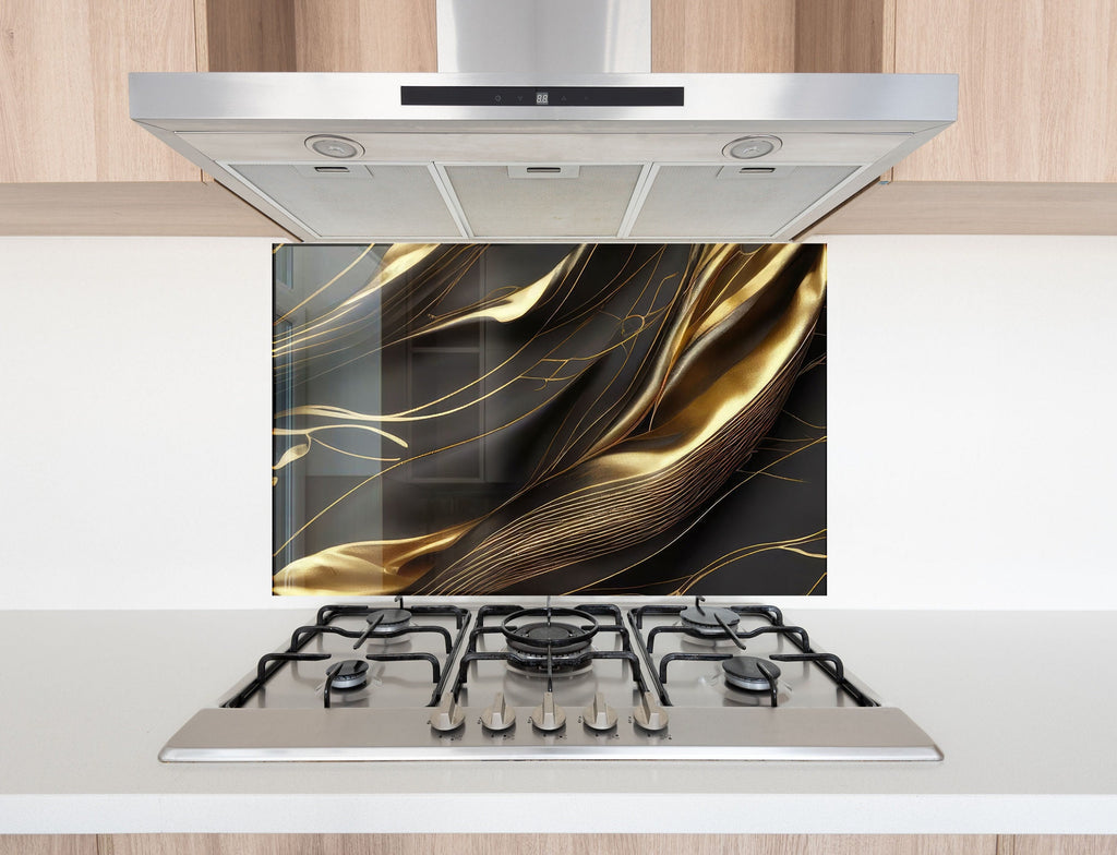 Golden Silk Flow - Glass Kitchen Backsplash-BacksplashArtworks