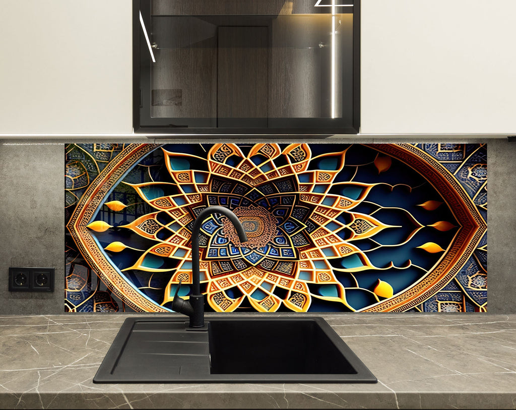 Golden Mandala - Glass Kitchen Backsplash-BacksplashArtworks
