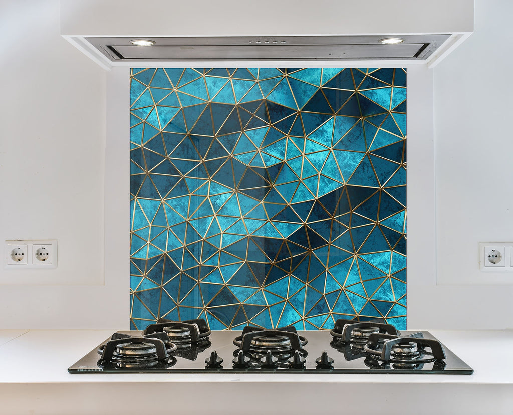 Geometric Blue & Gold - Glass Kitchen Backsplash-BacksplashArtworks