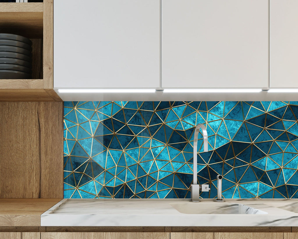 Geometric Blue & Gold - Glass Kitchen Backsplash-BacksplashArtworks