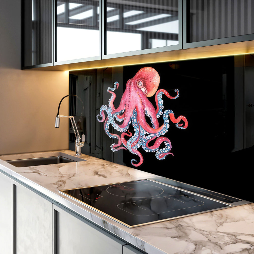 Pink Octopus – Glass Kitchen Backsplash-BacksplashArtworks