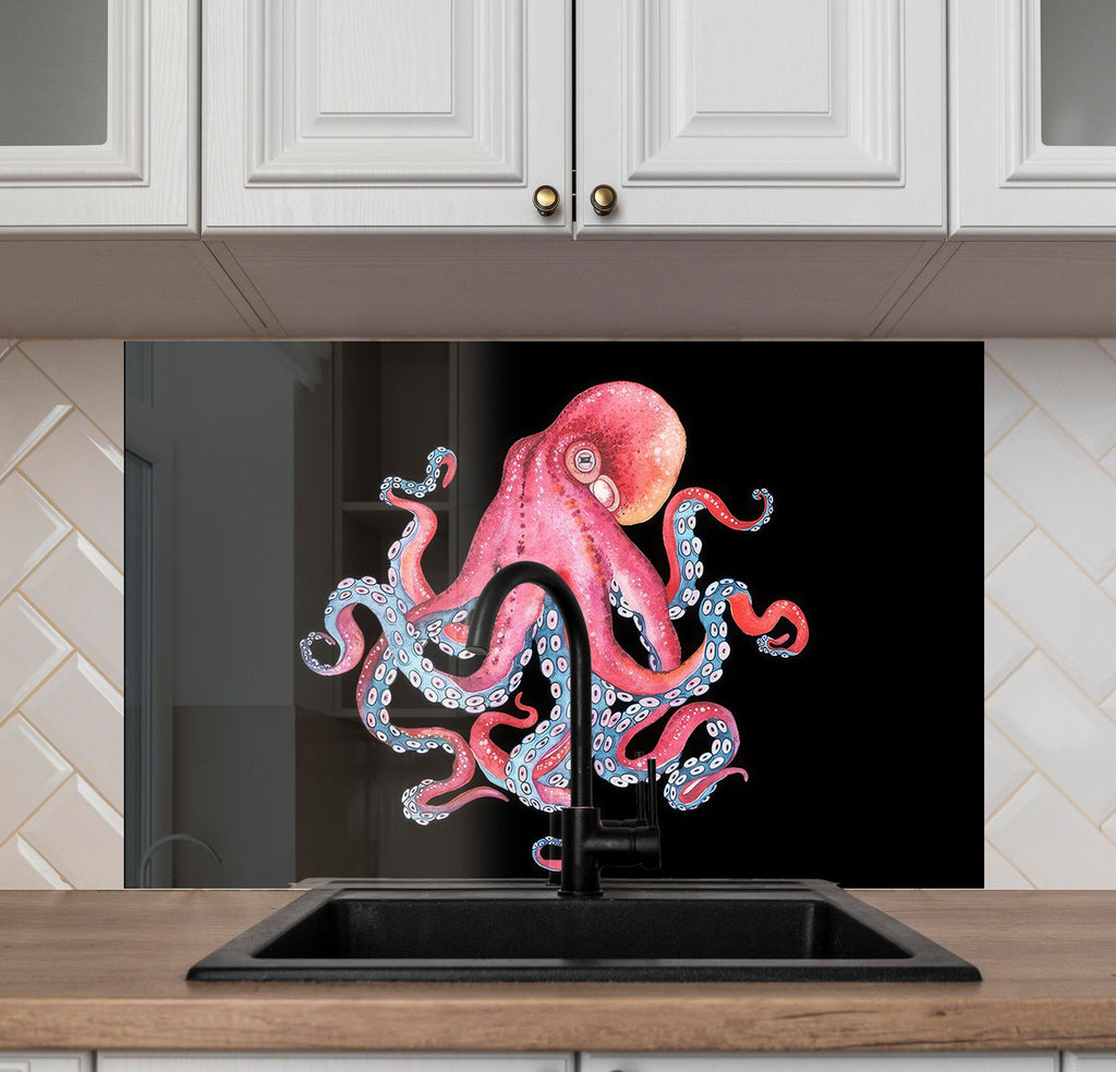 Pink Octopus – Glass Kitchen Backsplash-BacksplashArtworks