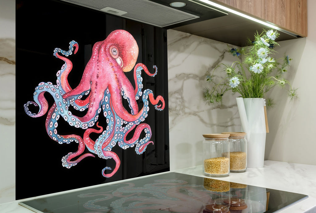 Pink Octopus – Glass Kitchen Backsplash-BacksplashArtworks