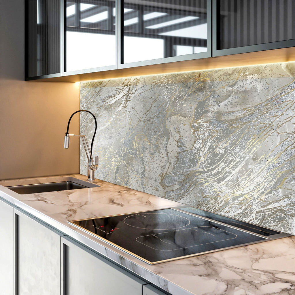 Silver & Gold Marble Veins - Glass Kitchen Backsplash-BacksplashArtworks
