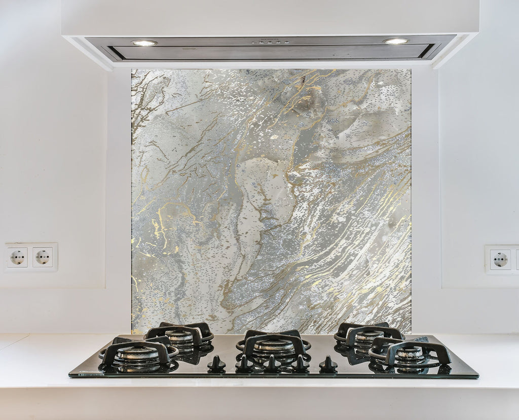 Silver & Gold Marble Veins - Glass Kitchen Backsplash-BacksplashArtworks