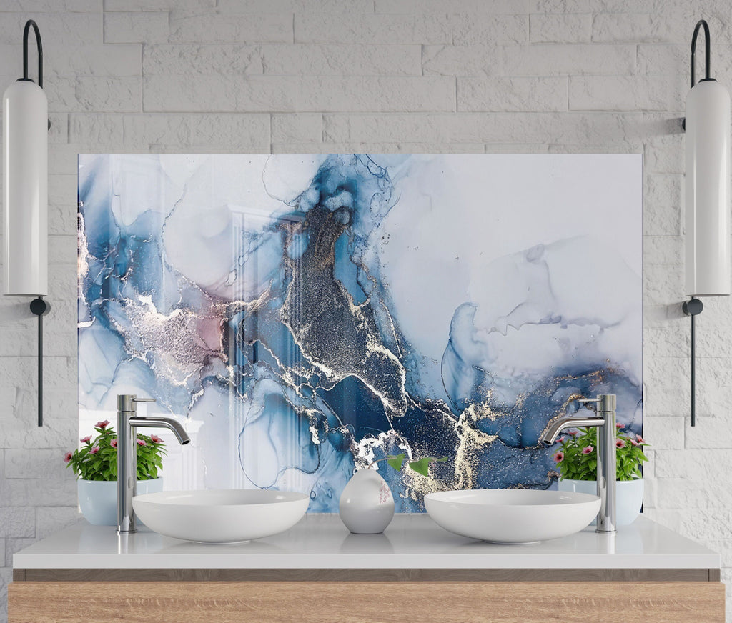 Blue Mist & Gold Veins - Glass Kitchen Backsplash-BacksplashArtworks