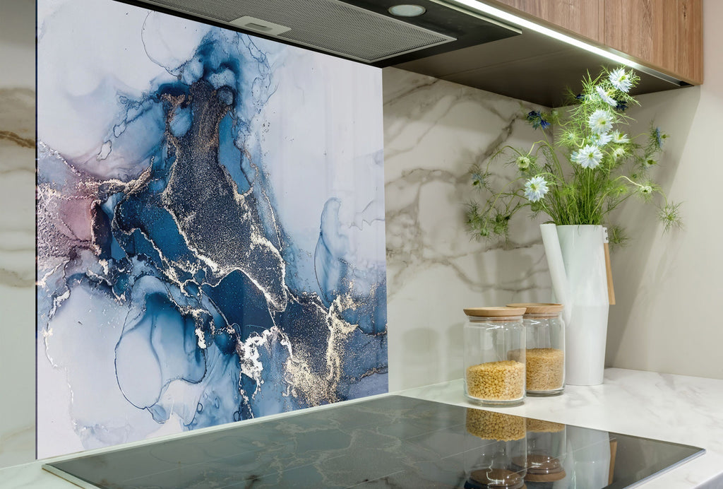 Blue Mist & Gold Veins - Glass Kitchen Backsplash-BacksplashArtworks