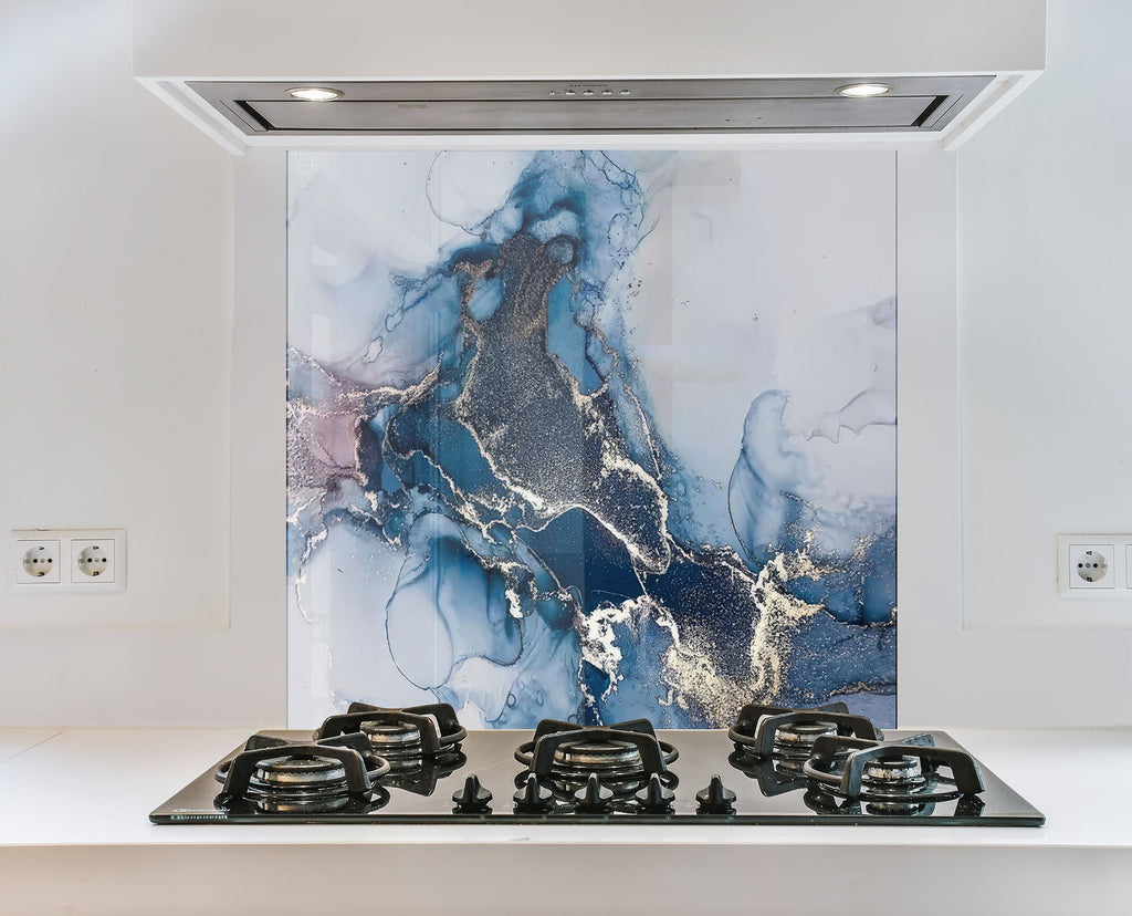 Blue Mist & Gold Veins - Glass Kitchen Backsplash-BacksplashArtworks