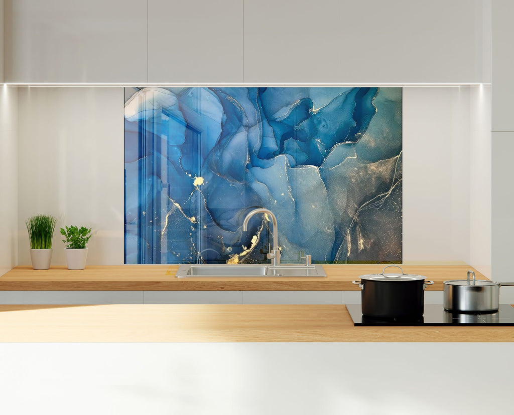 Blue & Gold Fluid Art - Glass Kitchen Backsplash-BacksplashArtworks