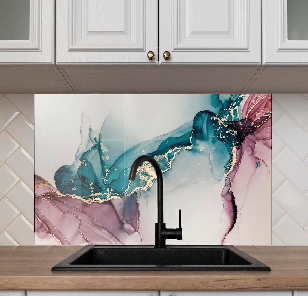 Teal & Rose Marble Fusion - Glass Kitchen Backsplash-BacksplashArtworks