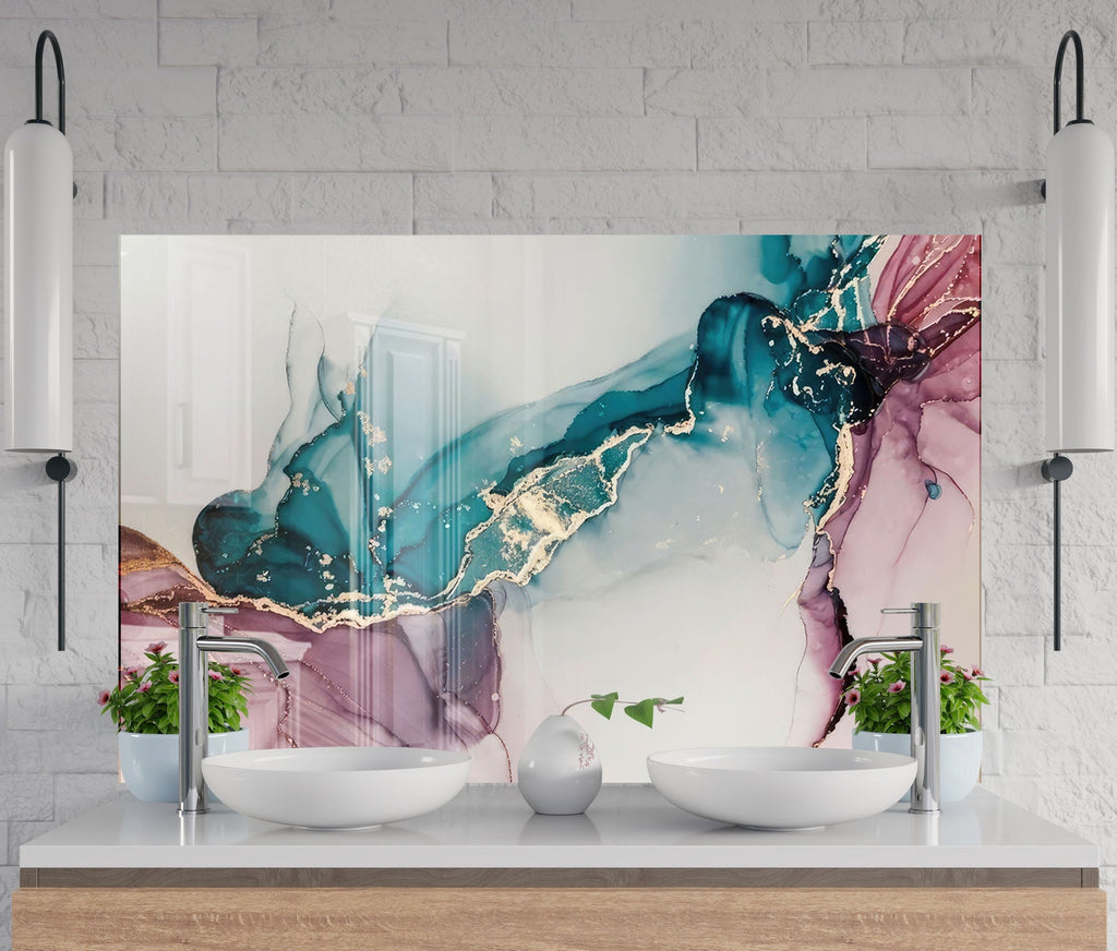 Teal & Rose Marble Fusion - Glass Kitchen Backsplash-BacksplashArtworks