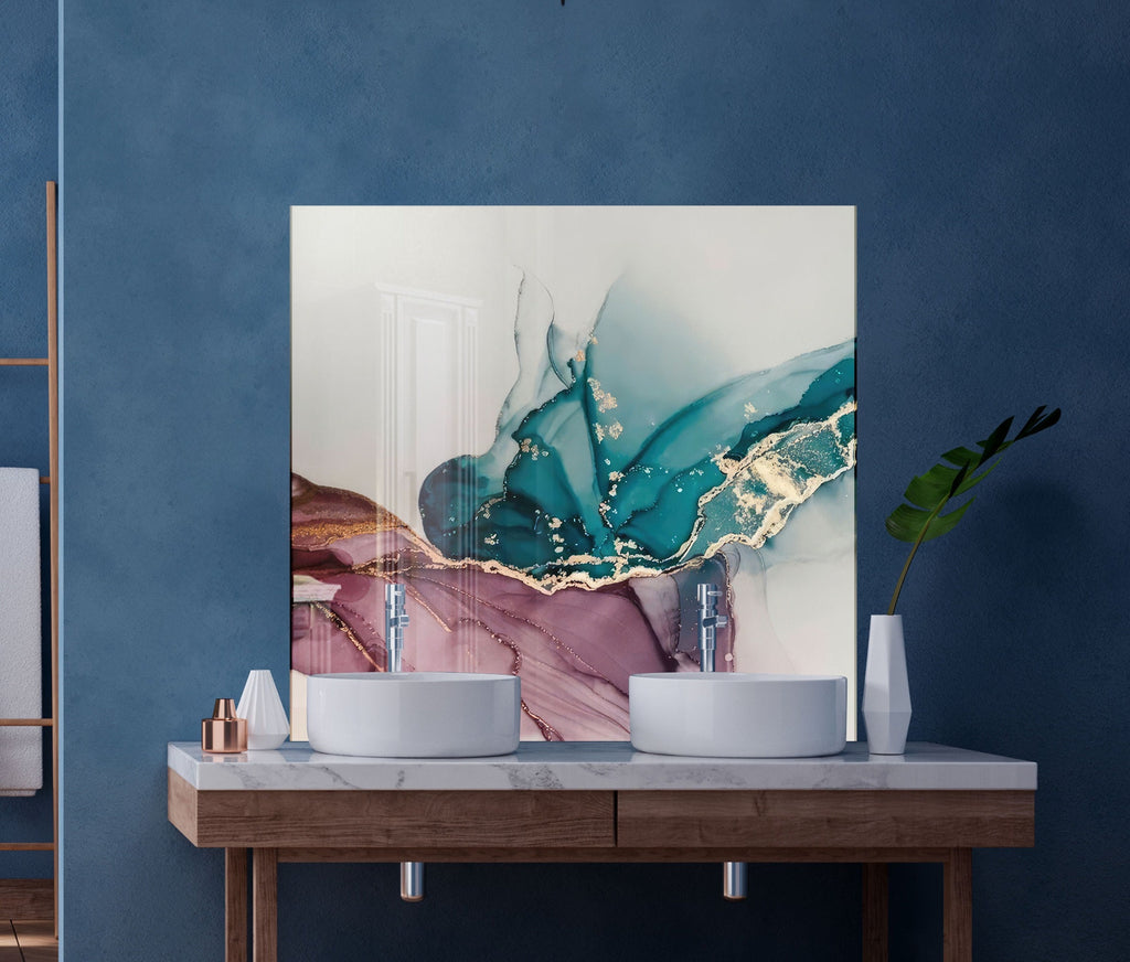 Teal & Rose Marble Fusion - Glass Kitchen Backsplash-BacksplashArtworks