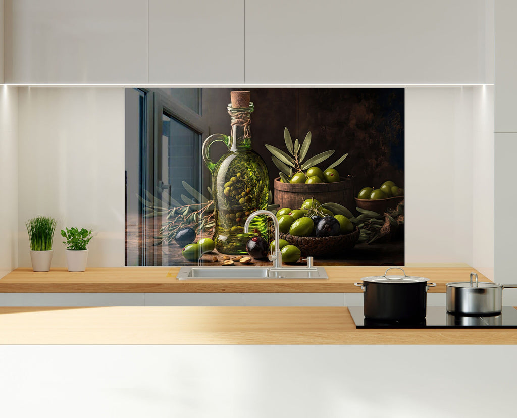 Olive Oil Glass Kitchen Backsplash – Elegant Olive & Oil Design-BacksplashArtworks
