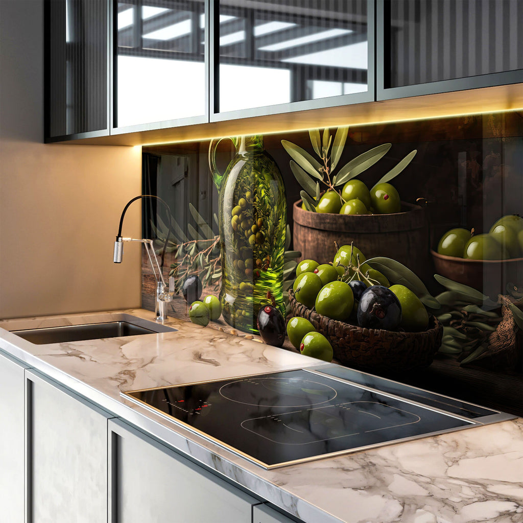 Olive Oil Glass Kitchen Backsplash – Elegant Olive & Oil Design-BacksplashArtworks