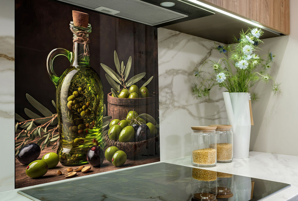 Olive Oil Glass Kitchen Backsplash – Elegant Olive & Oil Design-BacksplashArtworks