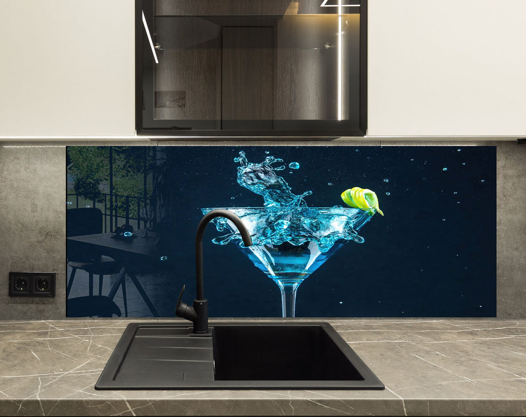 Elegant Blue Cocktail – Glass Kitchen Backsplash-BacksplashArtworks