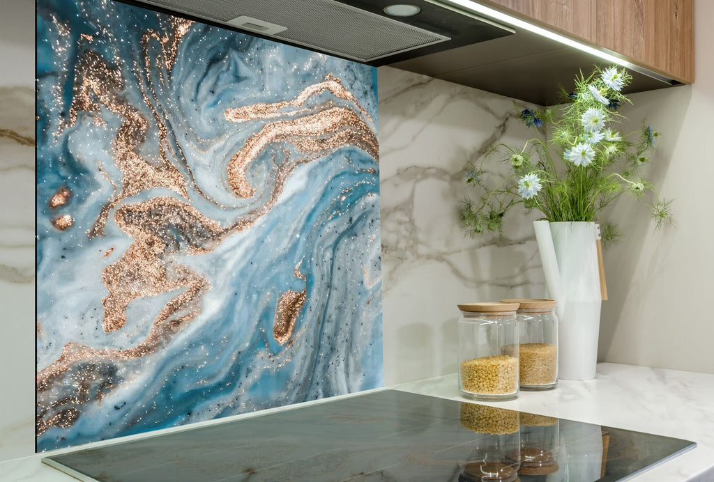 Turquoise & Gold Swirls - Glass Kitchen Backsplash-BacksplashArtworks