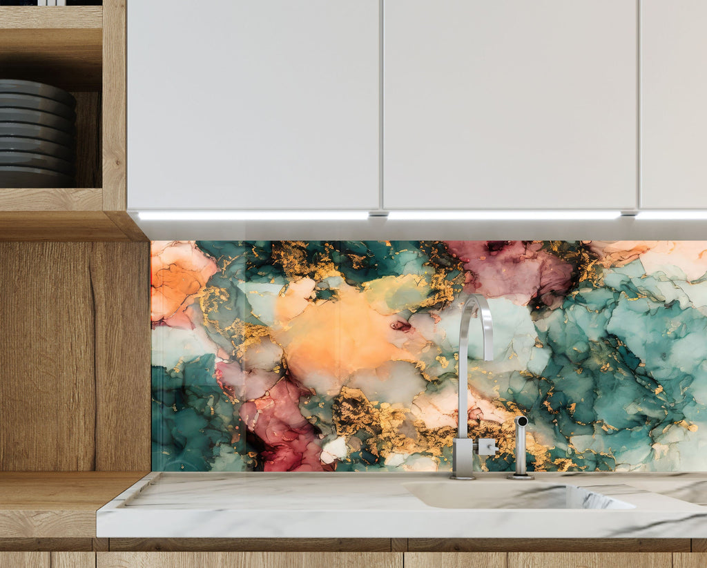 Abstract Gold & Teal Marble - Glass Kitchen Backsplash-BacksplashArtworks