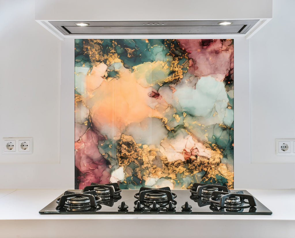 Abstract Gold & Teal Marble - Glass Kitchen Backsplash-BacksplashArtworks