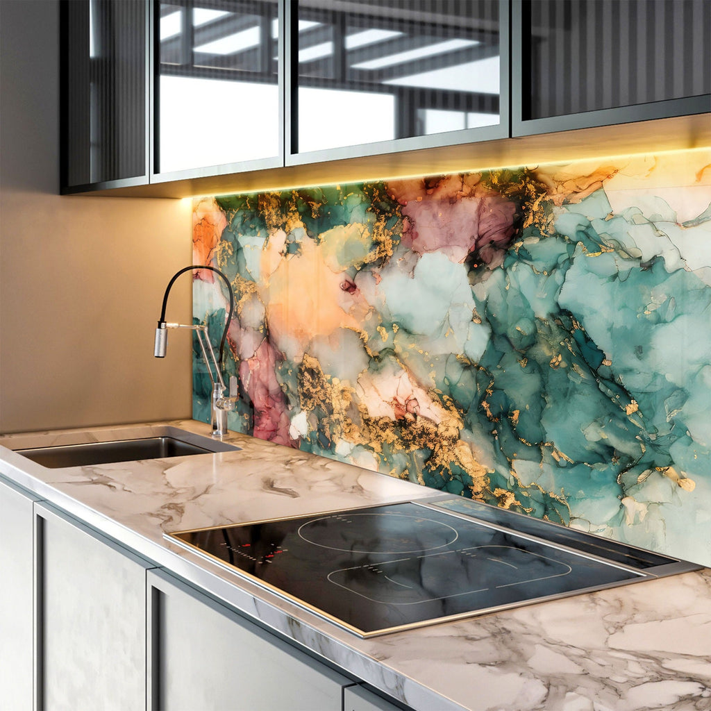 Abstract Gold & Teal Marble - Glass Kitchen Backsplash-BacksplashArtworks