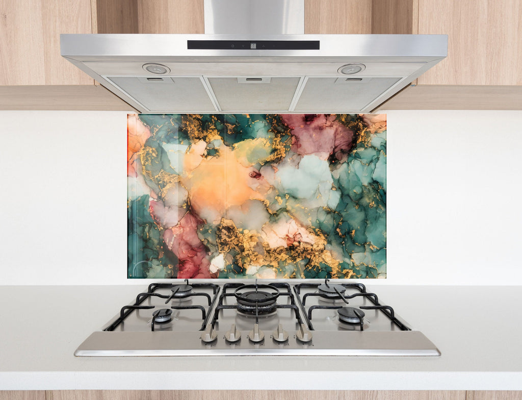 Abstract Gold & Teal Marble - Glass Kitchen Backsplash-BacksplashArtworks