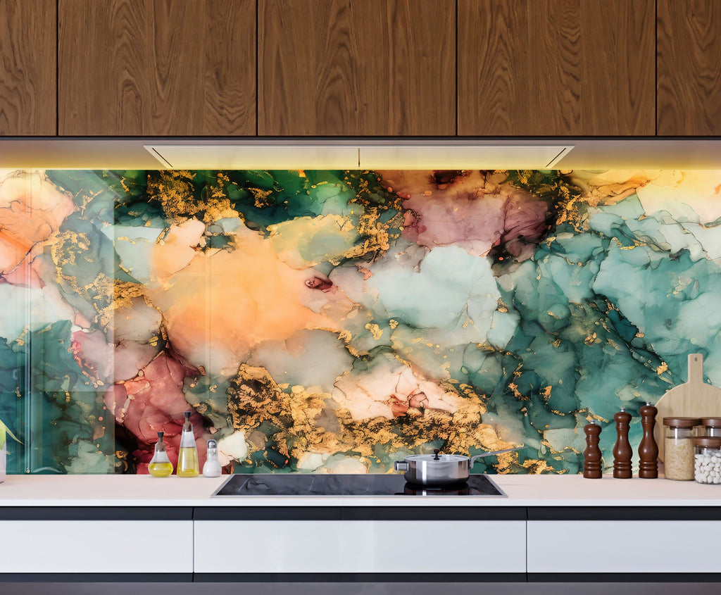 Abstract Gold & Teal Marble - Glass Kitchen Backsplash-BacksplashArtworks