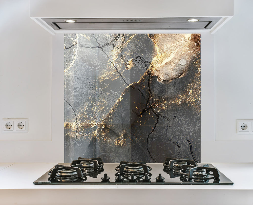 Black & Gold Marble Elegance - Glass Kitchen Backsplash-BacksplashArtworks