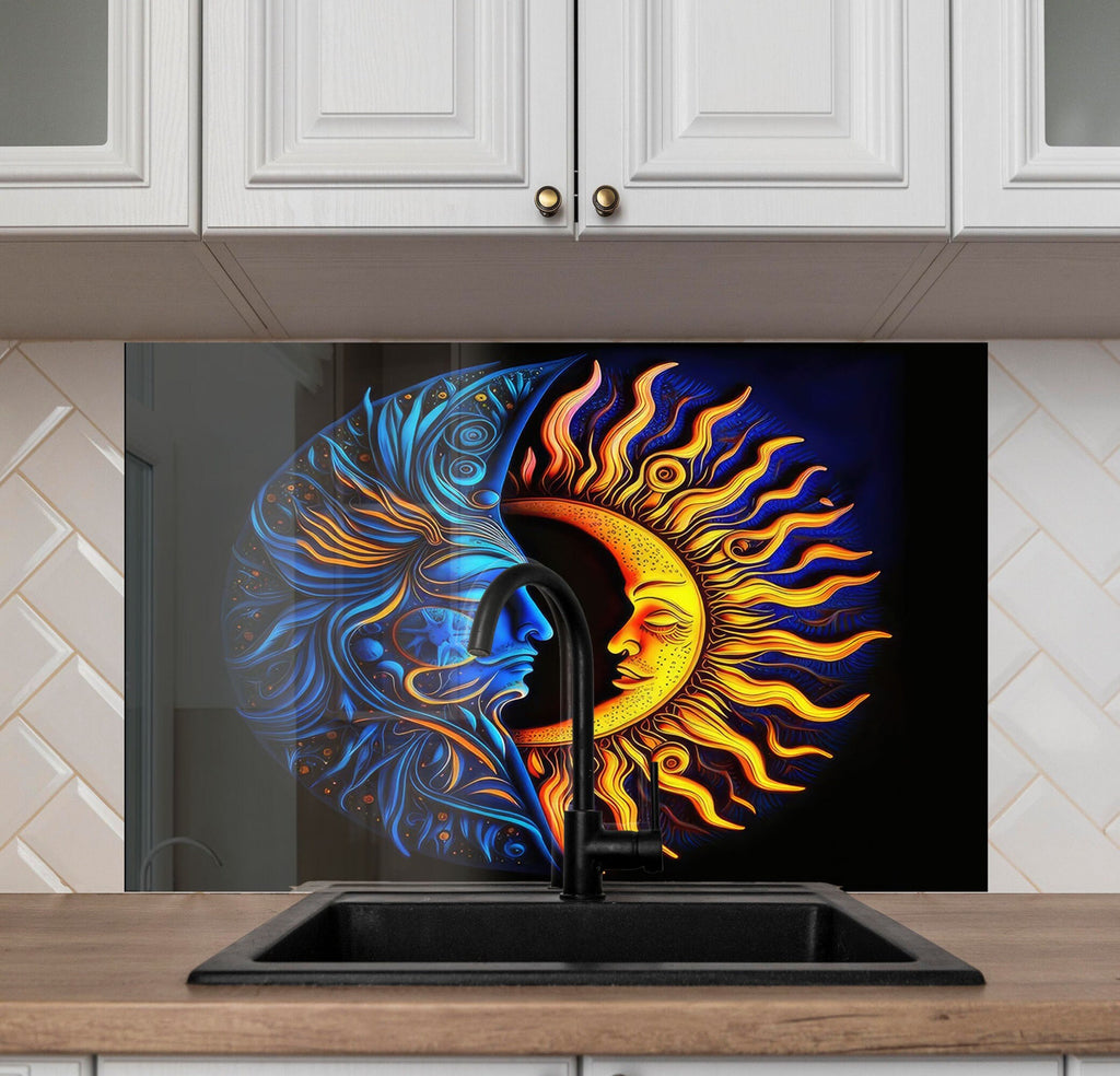 Moon & Sun Face Glass Kitchen Backsplash – Celestial Art Design-BacksplashArtworks